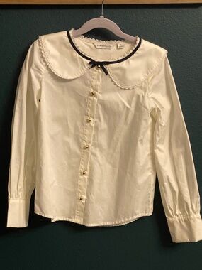 Janie and Jack white button down shirt with navy blue ribboned collar - EUC